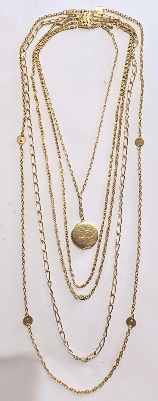 Vtg Gold Tone Necklace Metal Textured Locket Photo Holder 18" Drop Multi Chain